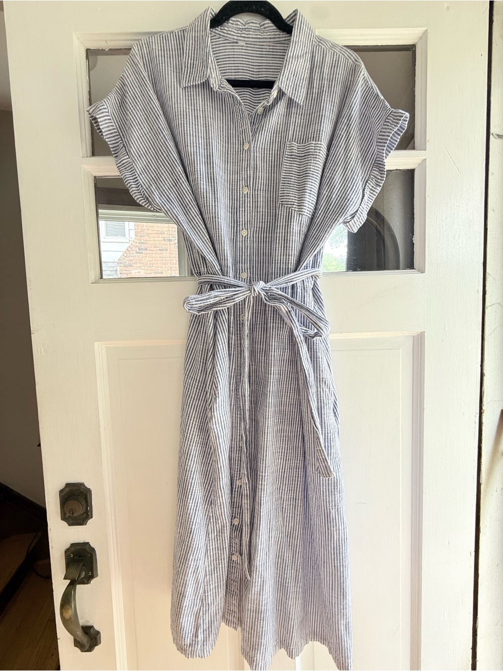 Striped Button-Front Shirt Dress with Waist Tie - Blue/White